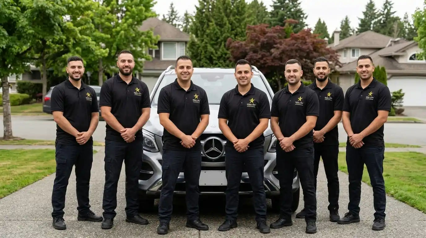 Yellow Star team in branded shirts in front of an SUV